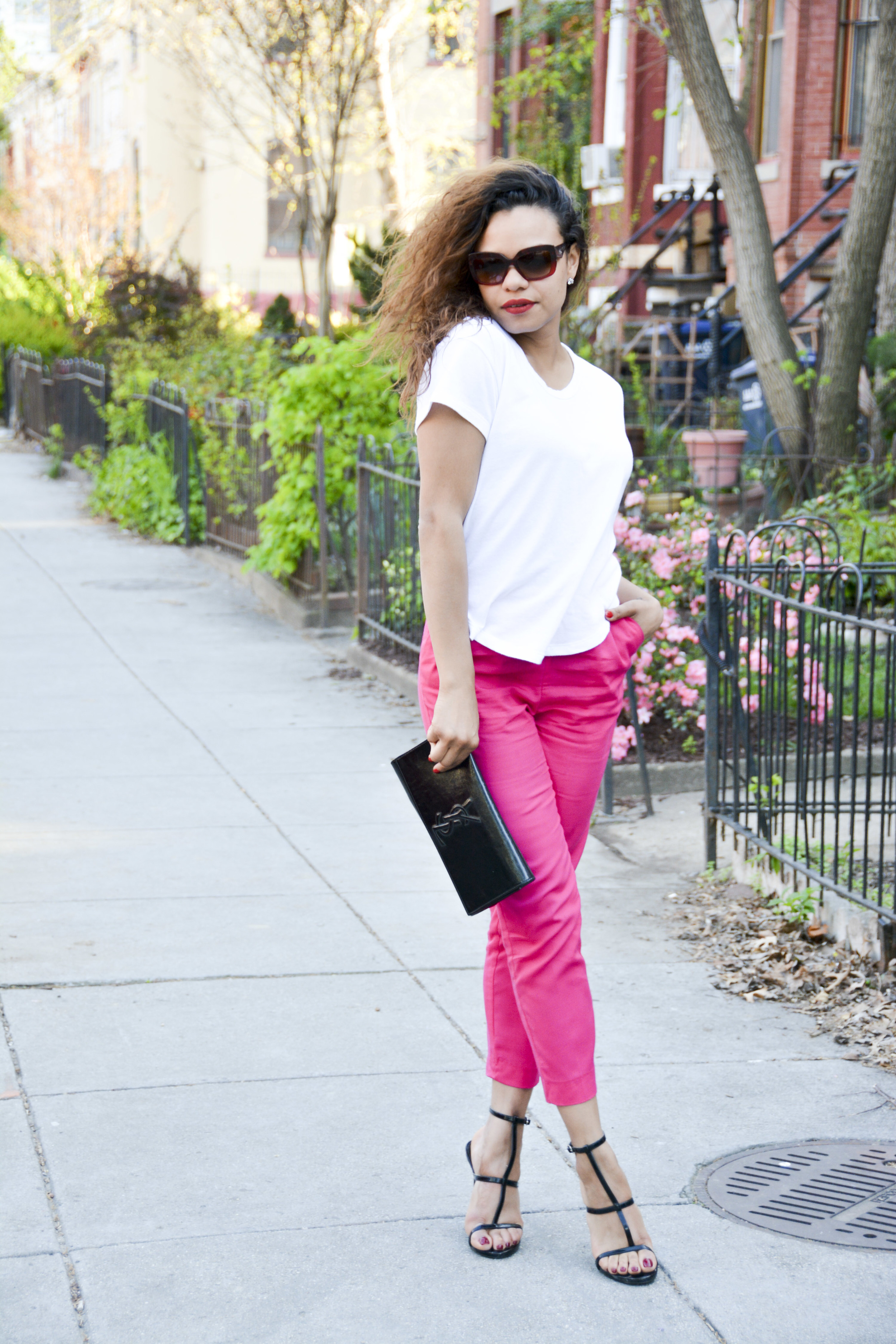 wearing: H&M Trousers, Zara top, Forever21 shoes, YSL clutch, Prada sunnies