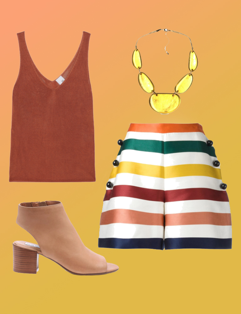 Top: Iris and Ink , Shorts: Carolina Herrera , Shoes: Steve Madden , Necklace: Kim Rogers