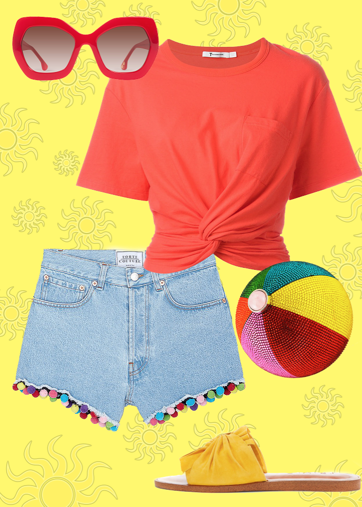 Top: T by Alexander Wang , shorts: Lane Crawford , shoes: 1. State , Sunnies: Alice + Olivia , Beach Ball bag: Judith Leiber