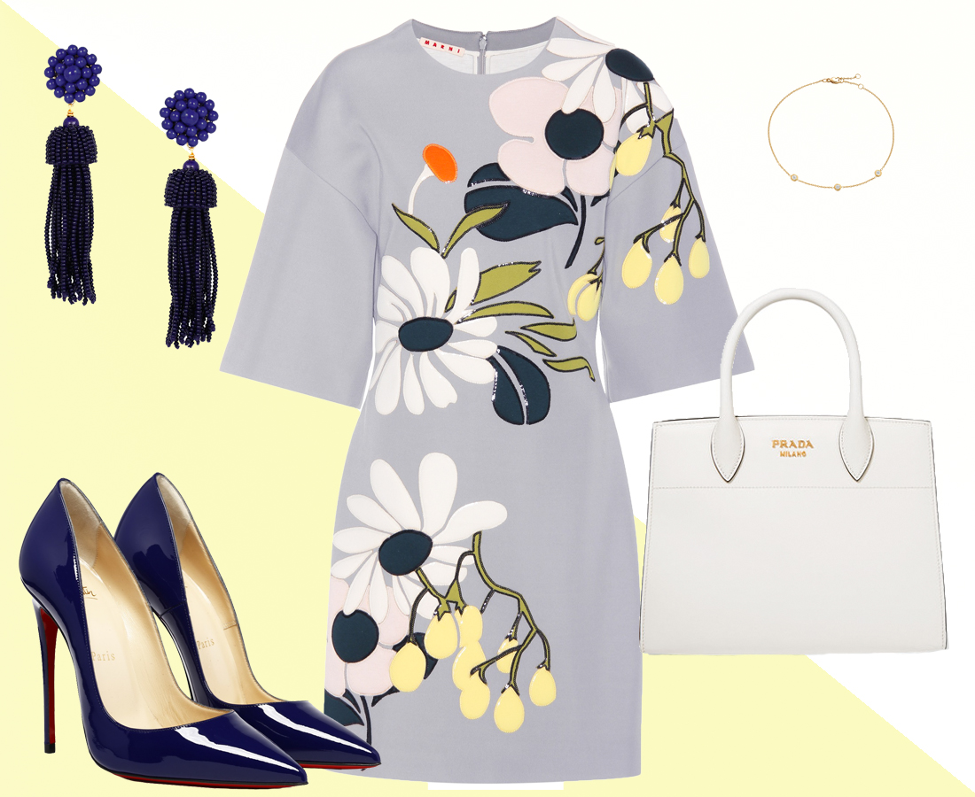 Dress: Marni , Shoes: Christian Louboutin , Bag: Prada , Earrings: Lisi Lerch , Bracelet: Winterson