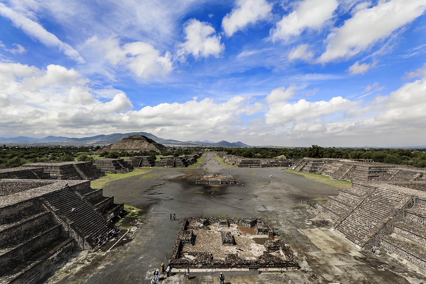 To the left is the Pyramid of the Sun, straight ahead the Avenue of the Dead all from the top of the Pyramid of the Moon