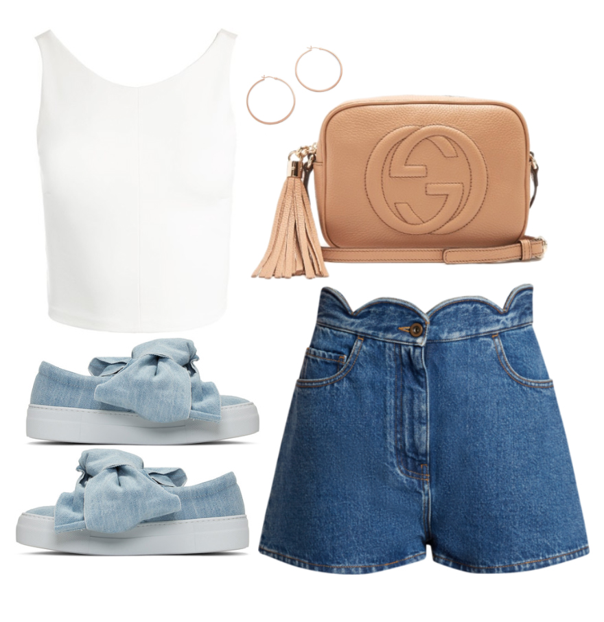 Top: Sans Sa souci , Shorts: Valentino , Shoes: Joshua Sanders , Bag: Gucci , Earrings: Jennifer Zeuner