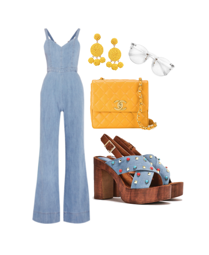 Jumpsuit: Alice & Olivia , Shoes: NastyGal , Bag: Chanel , Earrings: Humble Chic , Sunnies: Sunglass Spot