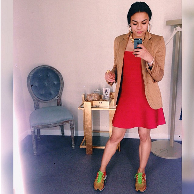 Herve and sneakers again. This was Valentines Day 2015. Since I was wearing it to work, I went with an Herve with a skirt instead of the body-con usual. 
