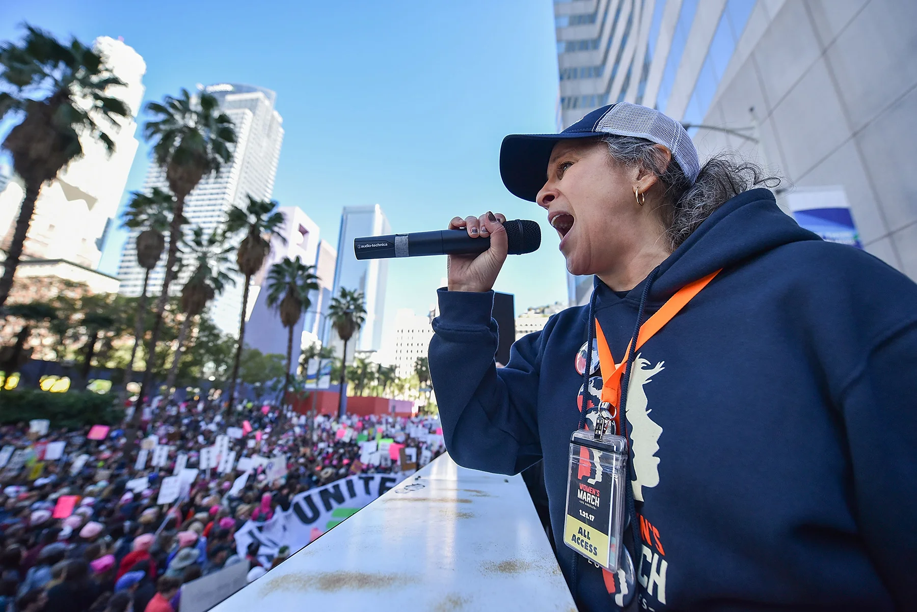 Gina Belafonte speaks to the crowd during Women's March Los Angeles on January 21, 2017 in Los Angeles, California. (Photo by Brandon Williams/Getty Images)