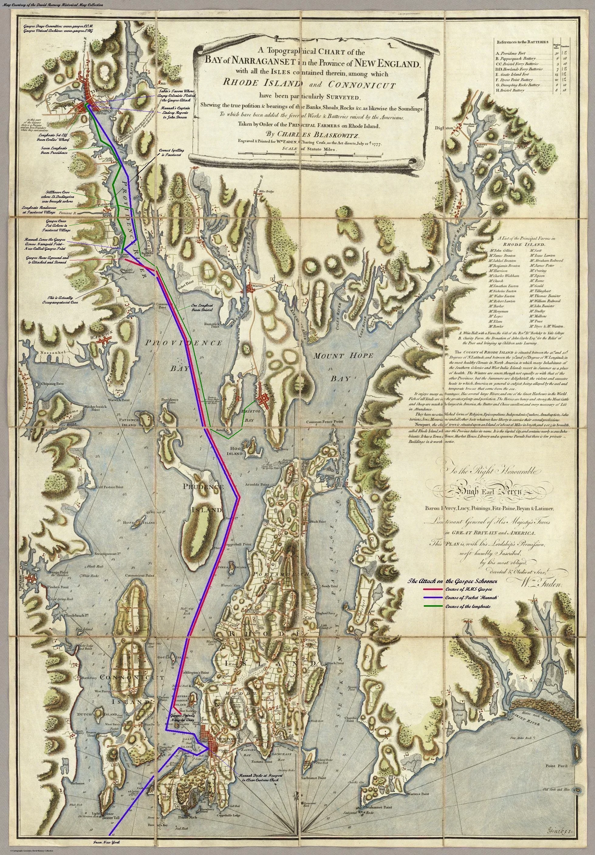 Map showing the location of Fenner's Wharf (top left) and the progression of the Gaspee Incident (gaspee.org)