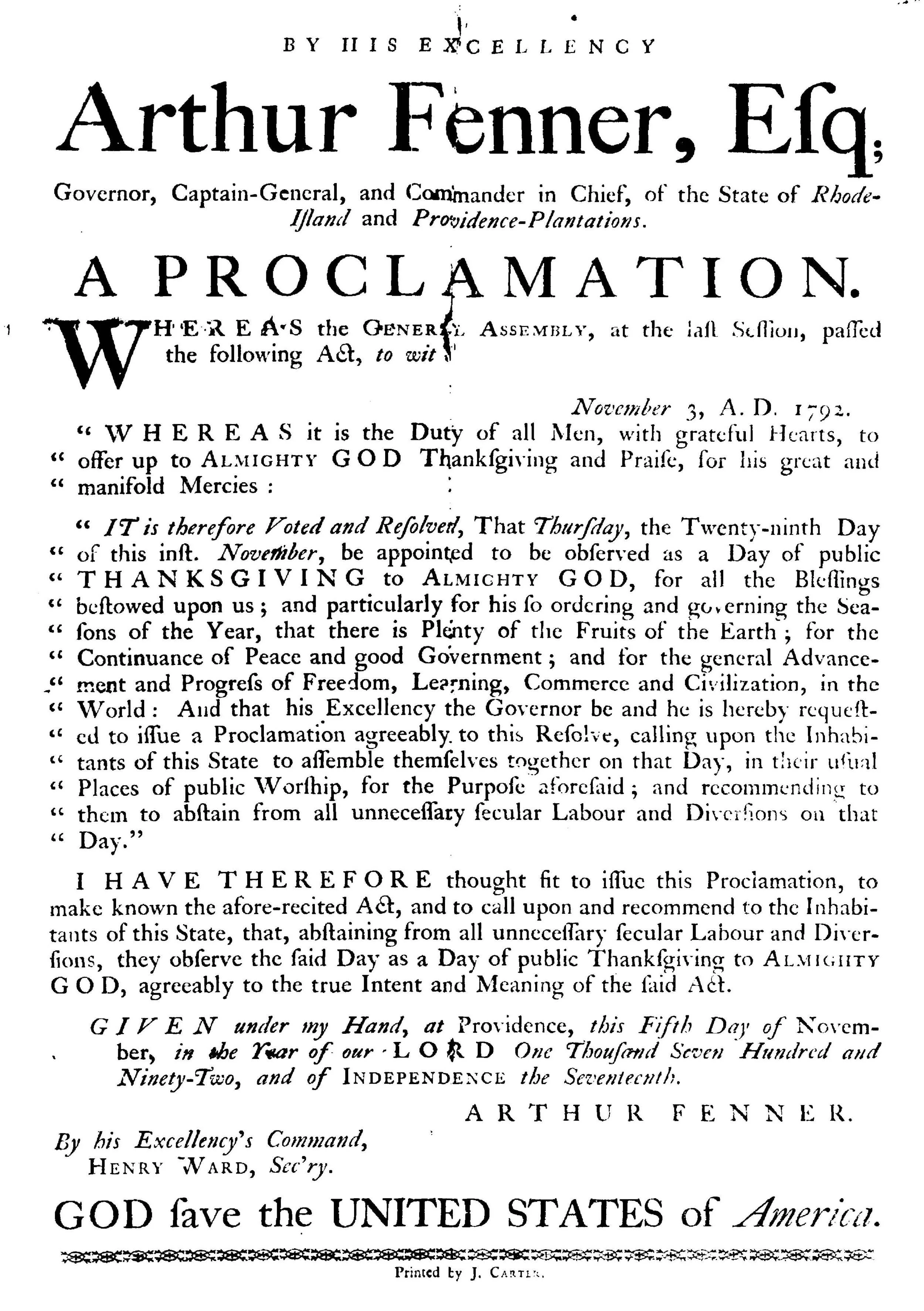 Proclamation for the observance of Thanksgiving, 1792. (www.classicapologetics.com)