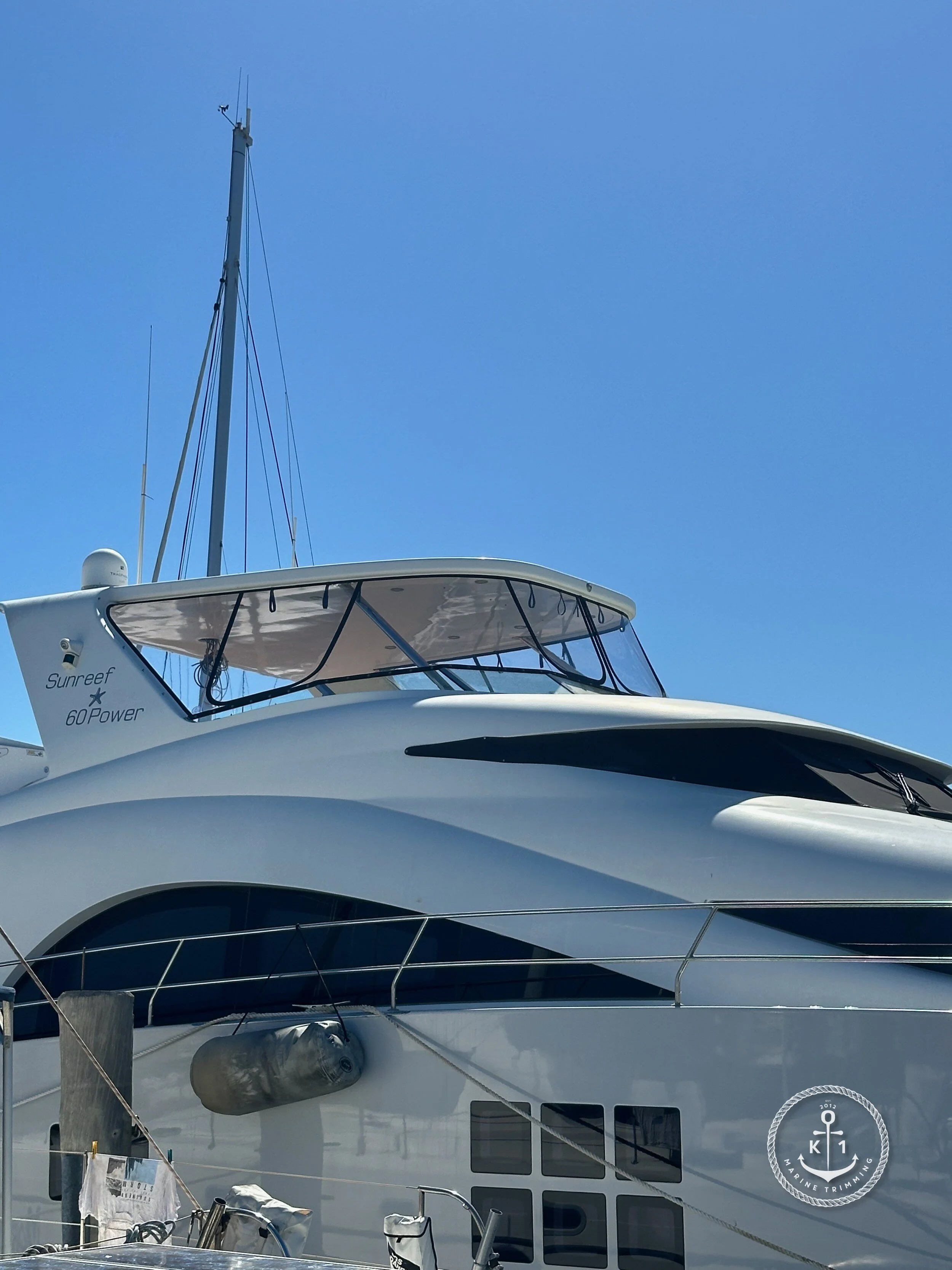 Make: Sunreef Model: 60 Products: Flybridge Clears Material: Strataglass Flybridge clears provide all-weather protection and enhanced visibility for your flybridge, ensuring comfort, safety, and style on the water.