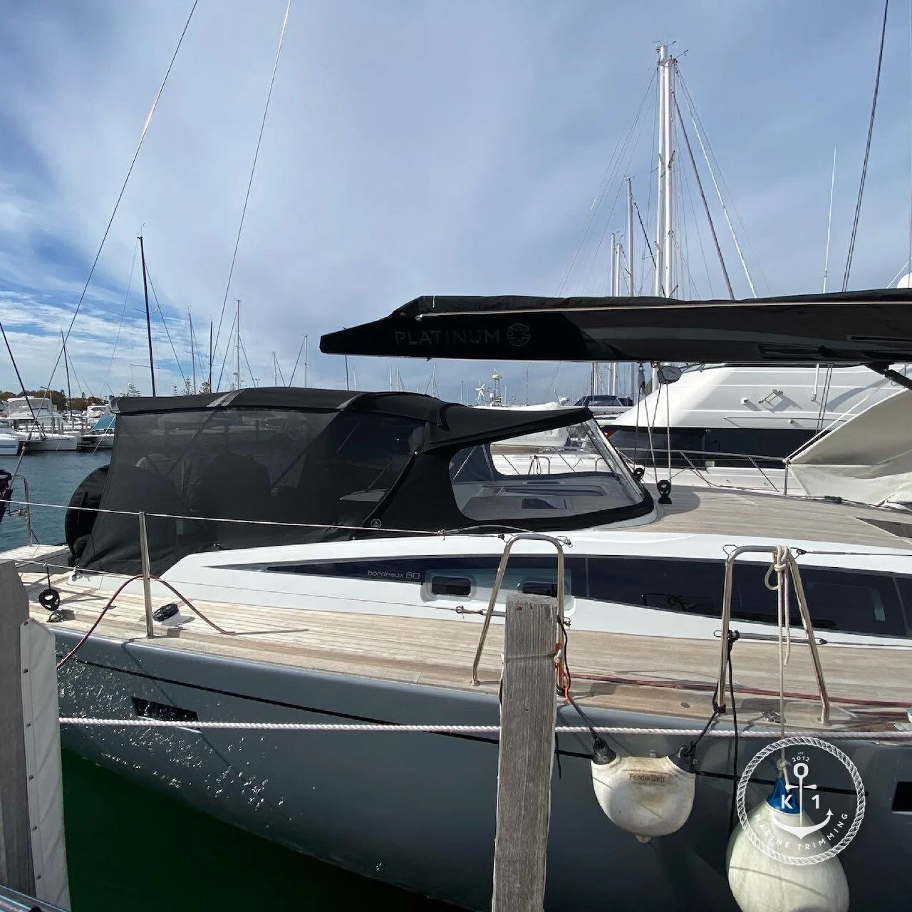  Make: CNB  Model: Bordeaux 60  Products: Yacht Dodger, Bimini, Link Sheet, Side Mesh Screens, Steering Wheel Covers  Material: Sunbrella Acrylic Canvas (Black), Strataglass, Marine 2x2 Weave Mesh (Black)  Dodgers provide vital protection from wind, 