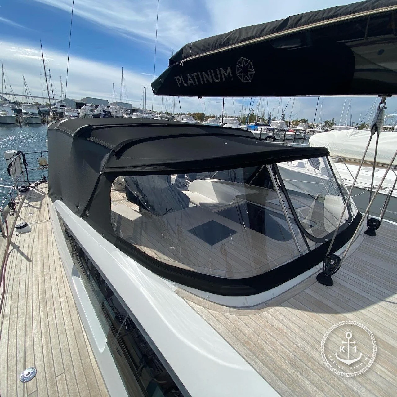  Make: CNB  Model: Bordeaux 60  Products: Yacht Dodger, Bimini, Link Sheet, Side Mesh Screens  Material: Sunbrella Acrylic Canvas (Black), Strataglass, Marine 2x2 Weave Mesh (Black)  Dodgers provide vital protection from wind, spray, and sun at the c