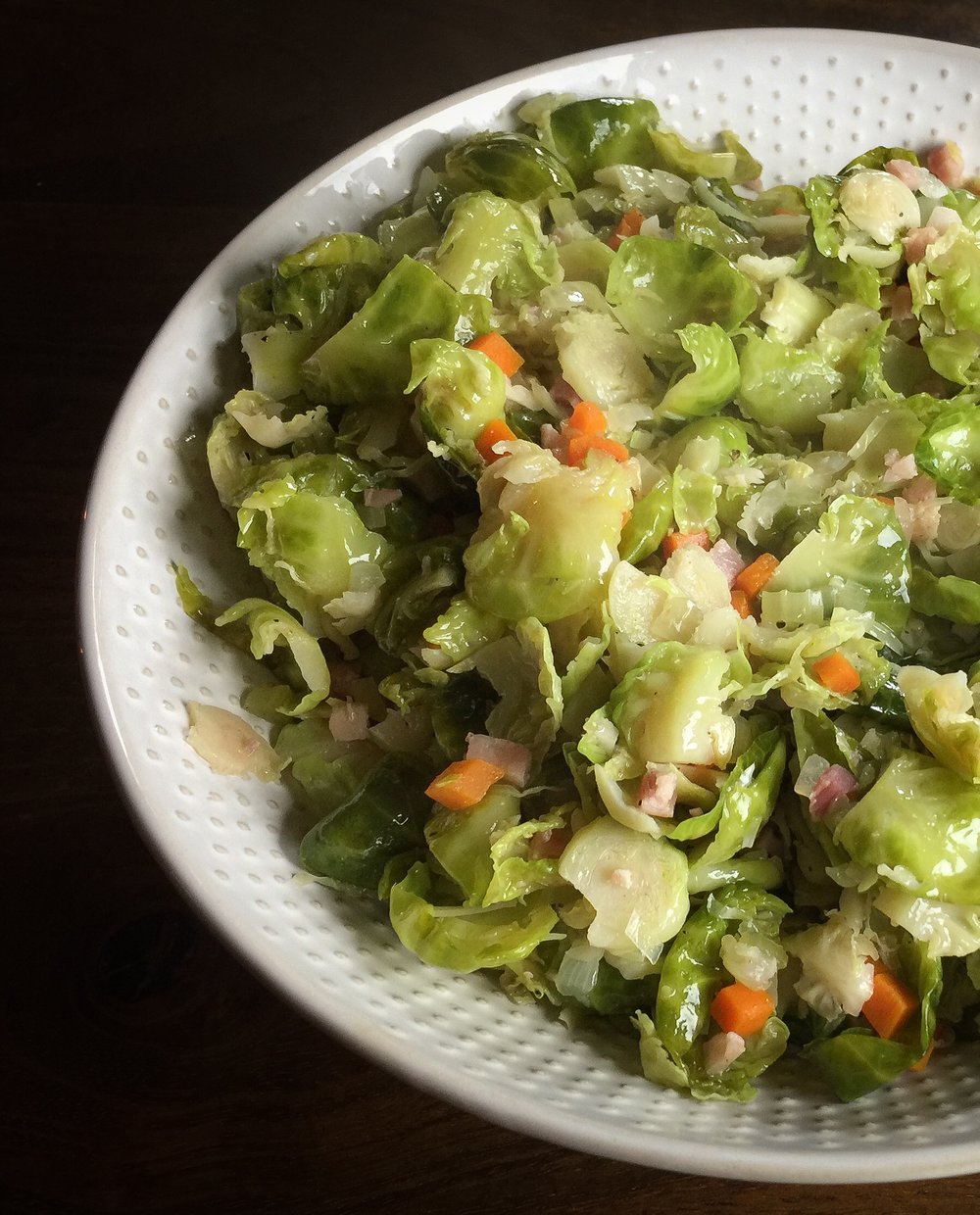 Brussels Sprouts Leaves with Mirepoix and Pancetta
