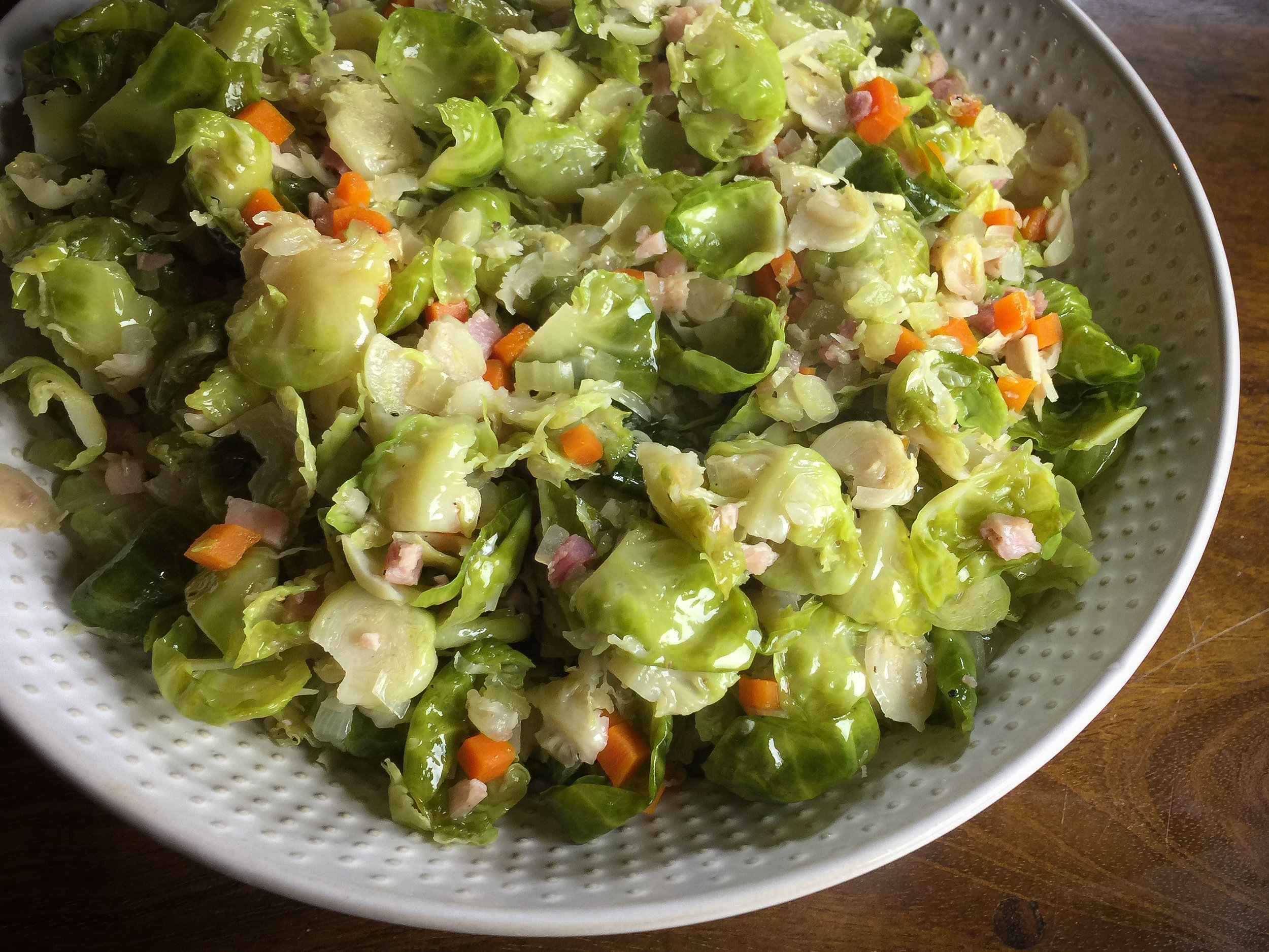 Brussels Sprouts Leaves with Pancetta and Mirepoix