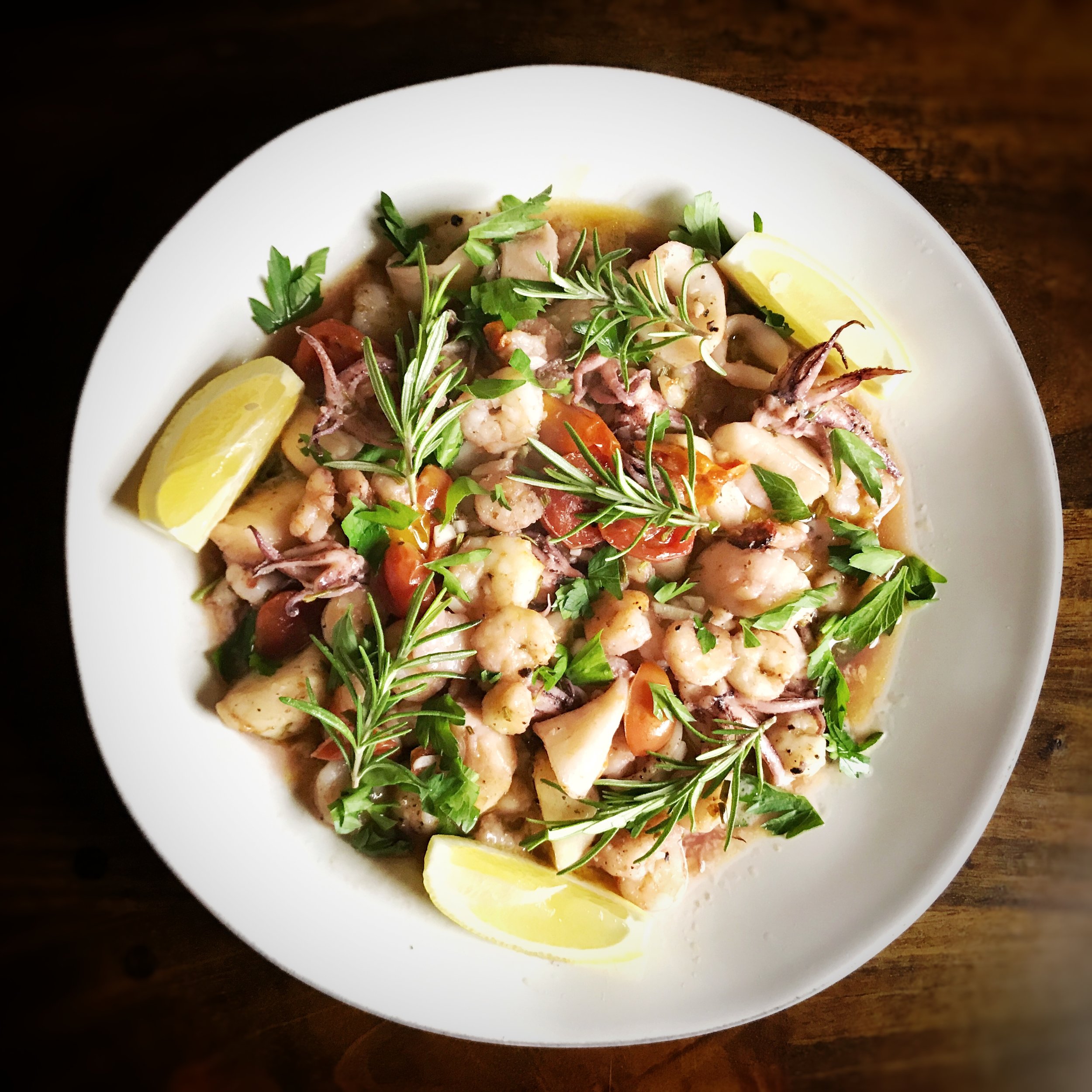 Easy pan-roasted seafood antipasto turns a simple pasta dinner into a special event