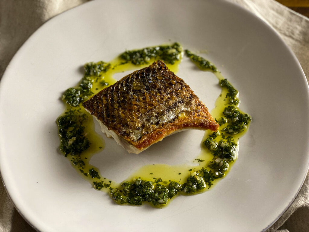 Crispy-Skin Striped Bass with Tangy Green Everything Sauce