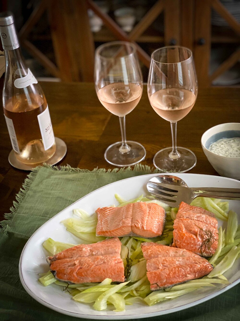 Poached Salmon with Fennel-Celery Salad and Caper Mayo