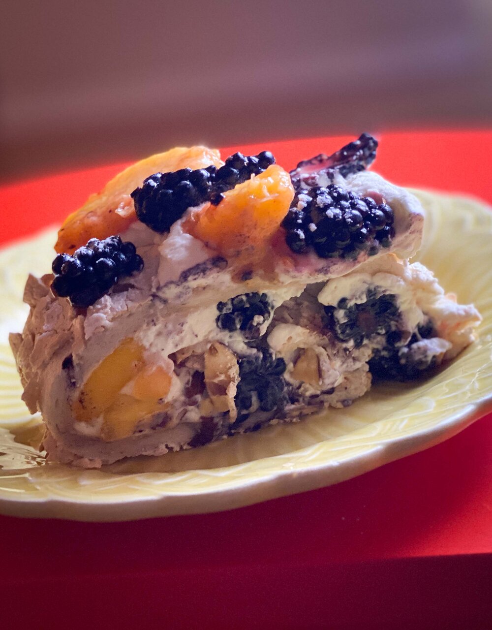 Showstopper Rolled Pavlova with Peaches and Blackberries