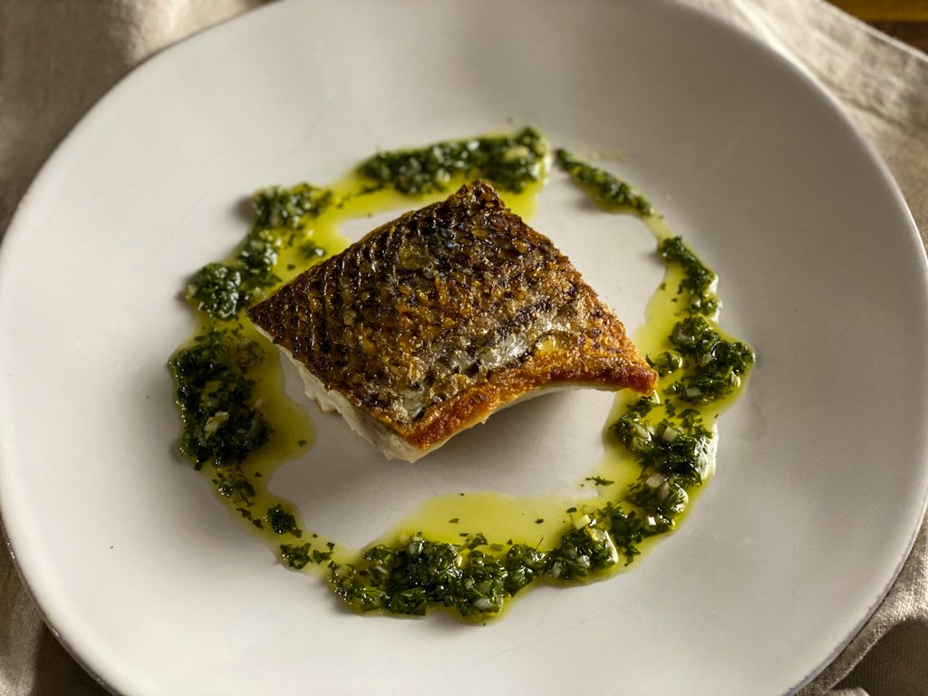 Crispy-Skinned Striped Bass with Tangy Green Sauce