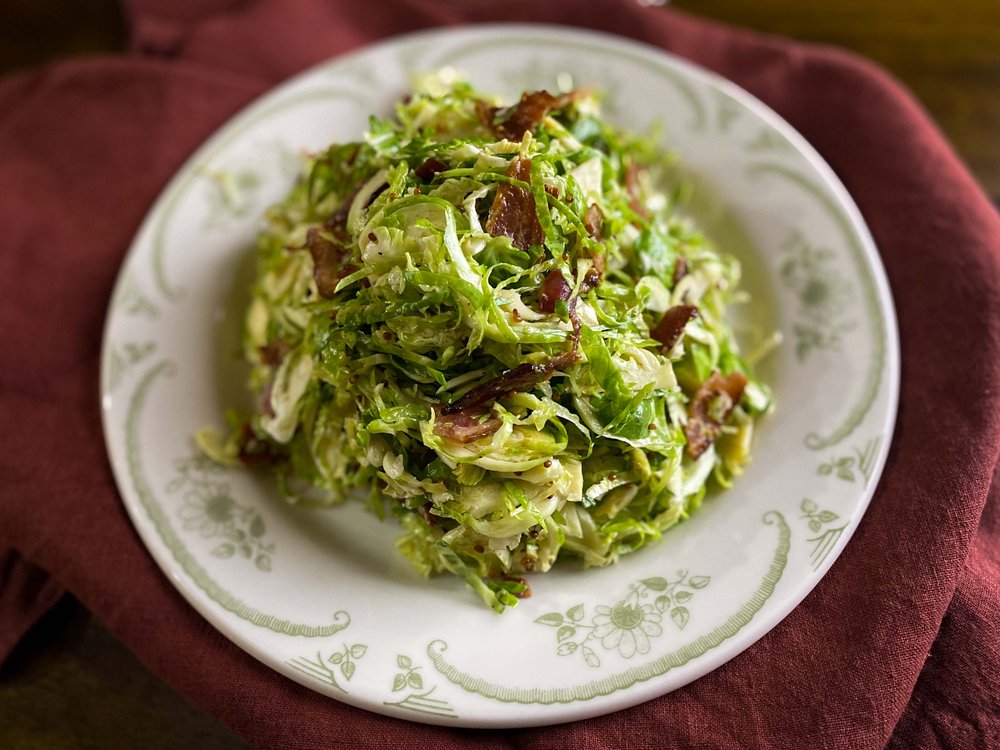 Shaved Brussels Sprouts Salad with Warm Bacon Dressing