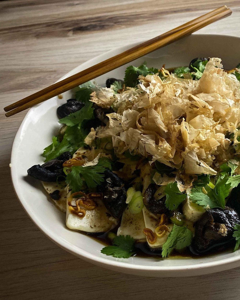 Silken Tofu with Mushrooms and Bonito Flakes