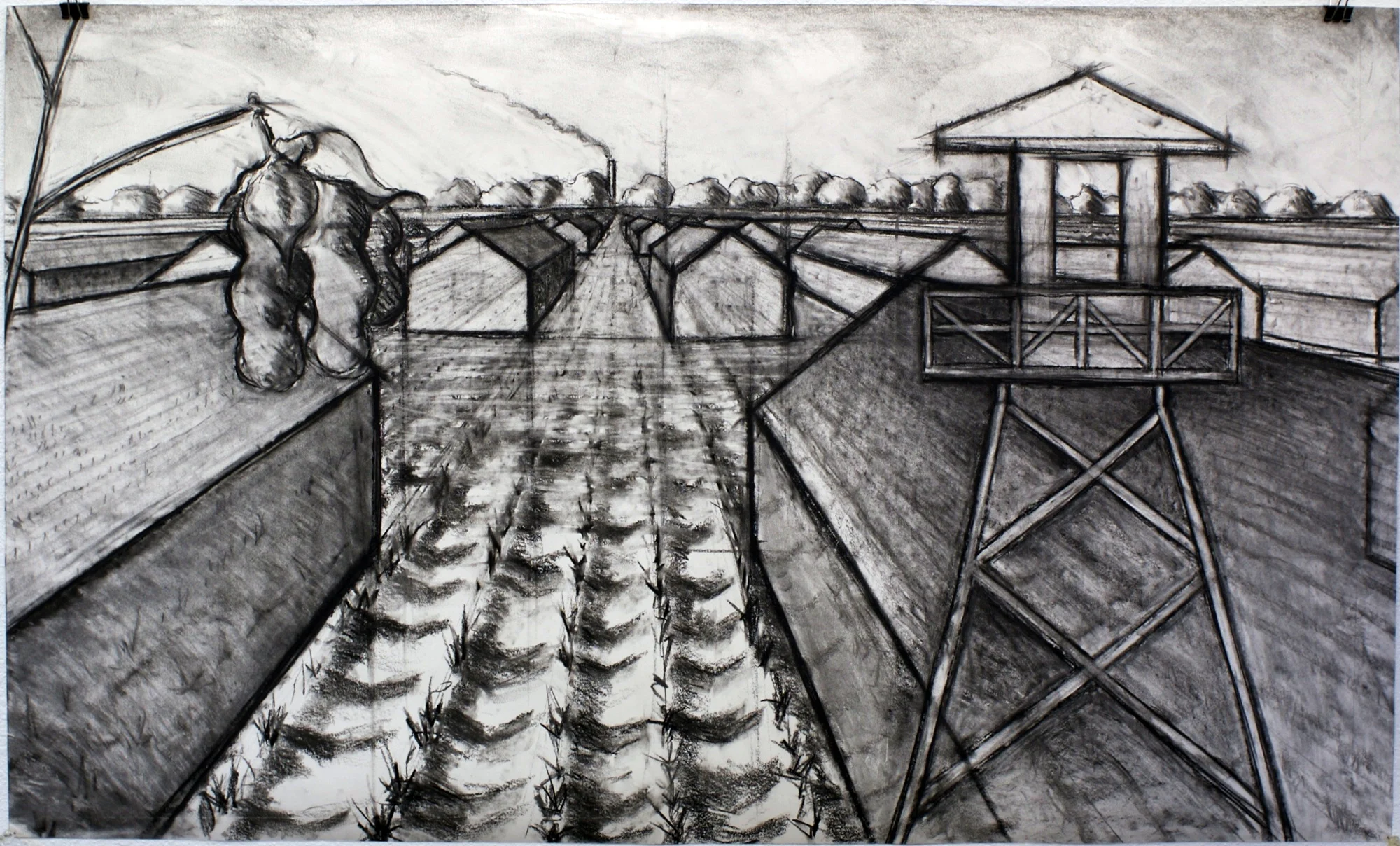Camps Rising Out of the Fields, charcoal on paper, 24 x 40