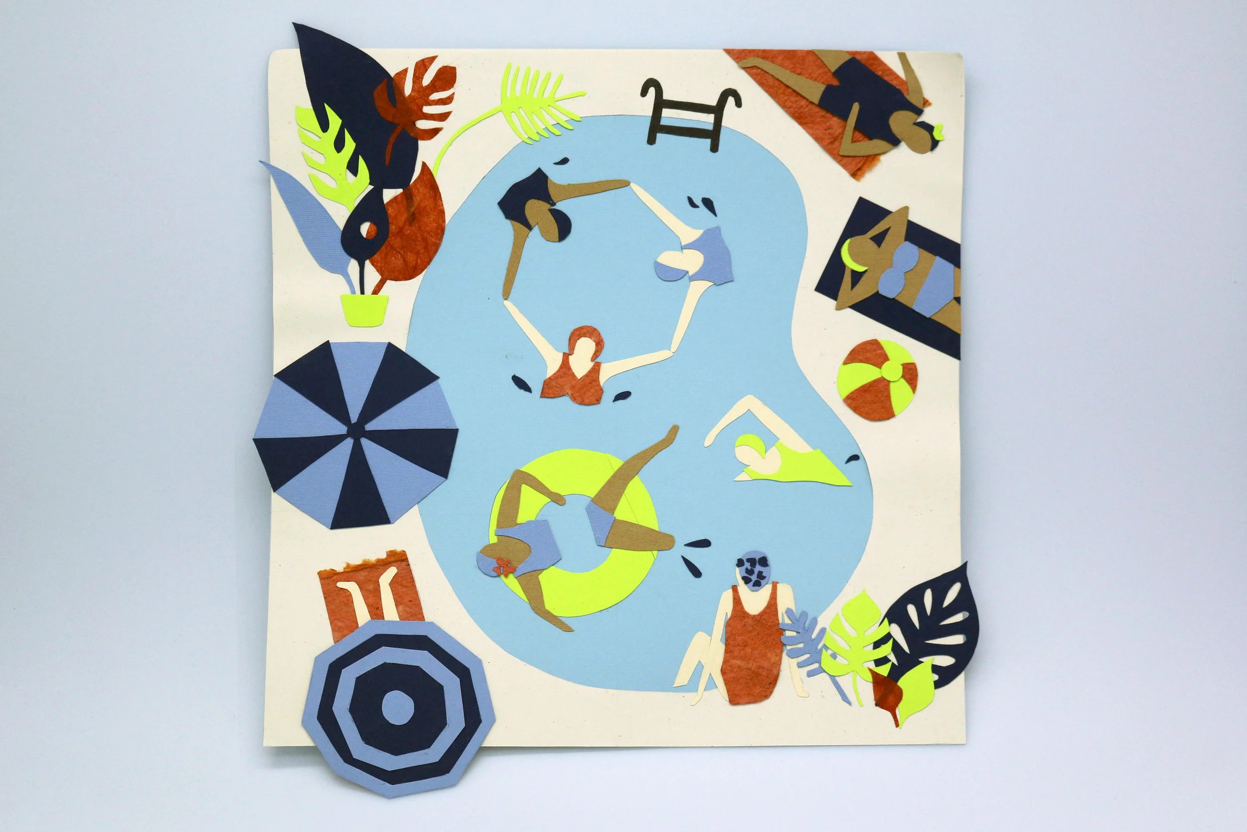 each piece of this illustration (yes every swim cap) was hand cut and...