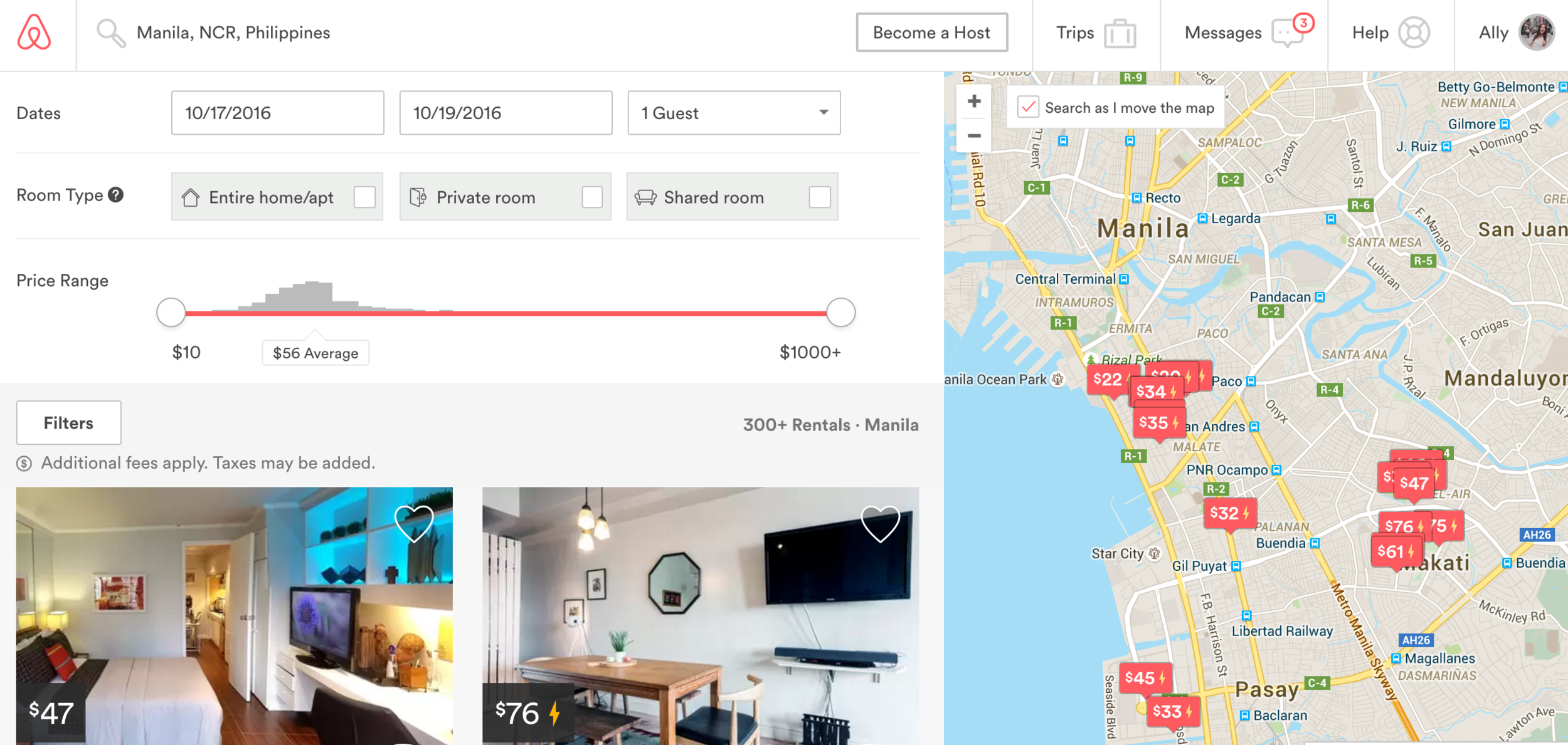 The search function and map make finding a place really easy - this screenshot shows some Airbnbs in Manila, Philippines