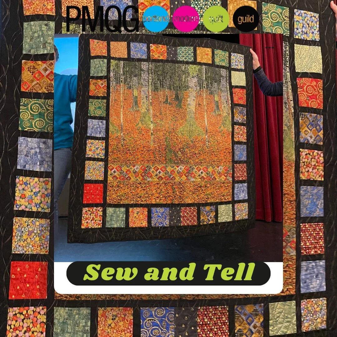 A beautiful sew and showing at the February meeting! Made by Linda Mowry, inspired by Gustav Klimt, "Birch Woods" #sewandtell #portlandmqg #artquilts