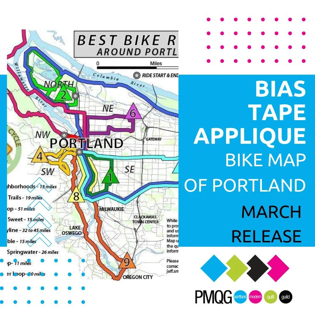 Our first block of the quarter will be released at the next guild meeting and posted on the blog to spread the joy of learning this modern applique method! #blockofthemonth #rideabike #portlandmqg #modapplique