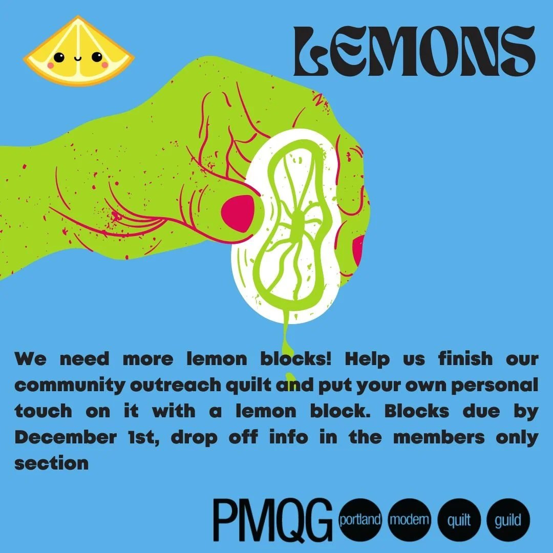 We need your lemons! Help finish the community outreach quilt by making a lemon block. We are a few short at the moment. Casey @stitchingwithstandards is leading the final push to create the lemon border. The drop-off address is posted in the members