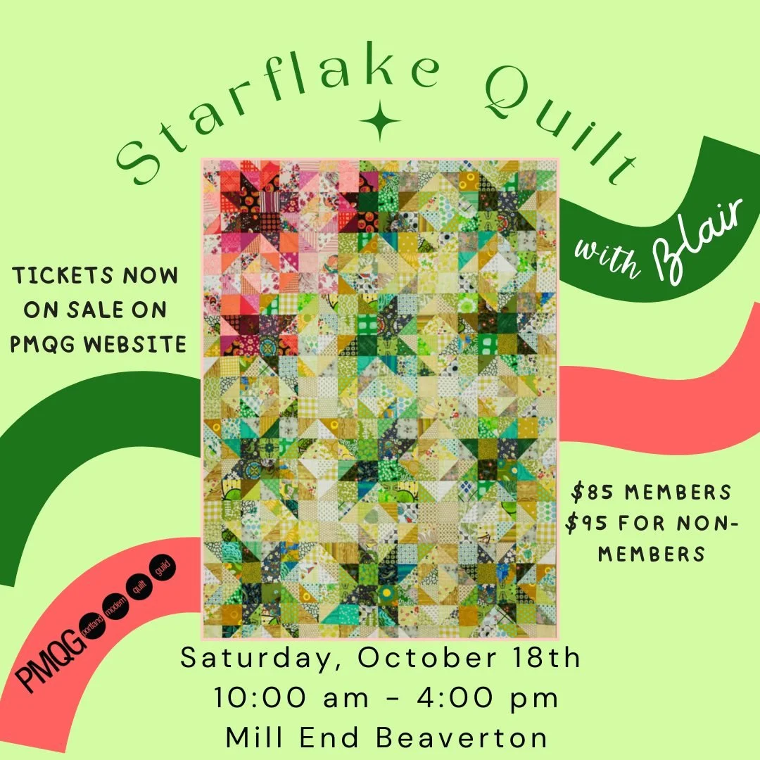 #🧵✨ October Workshop: The Starflake Quilt with Blair Stocker! ✨🧵

📅 Saturday, October 18
⏰ 10:00 AM &ndash; 4:00 PM
📍 Mill End, Beaverton
💲 $85 PMQG Members | $95 Non-Members
🎟️ Register now: portlandmodernquiltguild.com/shop

Join us for a day