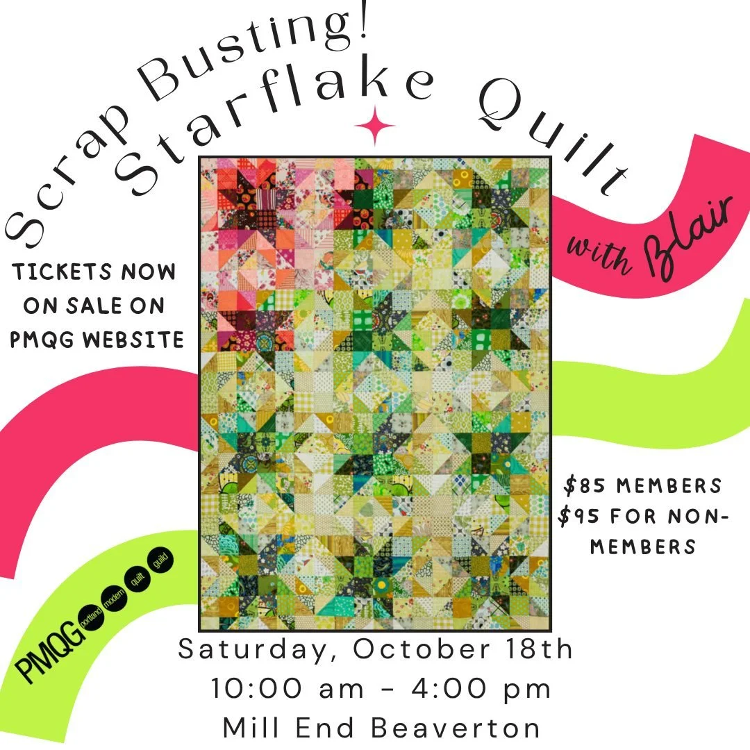🧵✨ Bust Your Stash at Our October Workshop! ✨🧵

📅 Saturday, October 18
⏰ 10:00 AM &ndash; 4:00 PM
📍 Mill End, Beaverton
💲 $85 PMQG Members | $95 Non-Members
🎟️ Register now: portlandmodernquiltguild.com/shop

Turn those forgotten fabric treasur