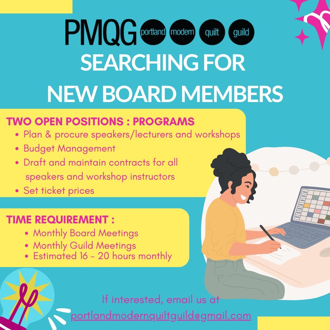 🎉 We Have TWO Open PMQG Programs Positions! 🎉

Do you love bringing people together, finding inspiring speakers, and helping plan creative workshops? ✂️✨

Join the PMQG Board as part of our Programs Team &mdash; the heart of our guild&rsquo;s event