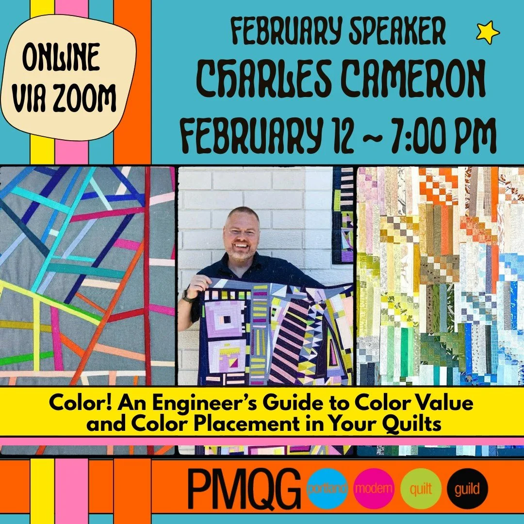 🎨 February Speaker: Charles Cameron 🎨
(@FeltLikeSweets)

📅 Thursday, February 12
⏰ 7:00 PM
💻 Online via Zoom
⚠️ Note: One week earlier than usual due to QuiltCon
🎟 Guest passes available for $10

Join us for an inspiring evening with Charles Cam