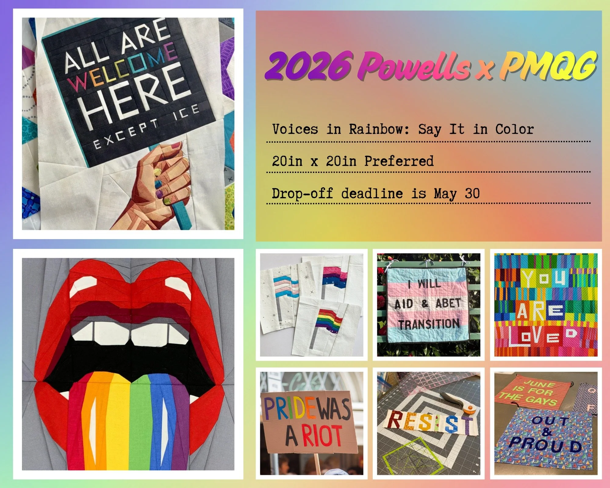 Portland MQG Call for Quilts
Rainbow Show at Powell&rsquo;s Books
June 1st &ndash; 30th

Portland MQG is excited to return to Powell&rsquo;s Books with our annual Rainbow Quilt Show!

This year&rsquo;s theme, Voices in Rainbow: Say It in Color, invit