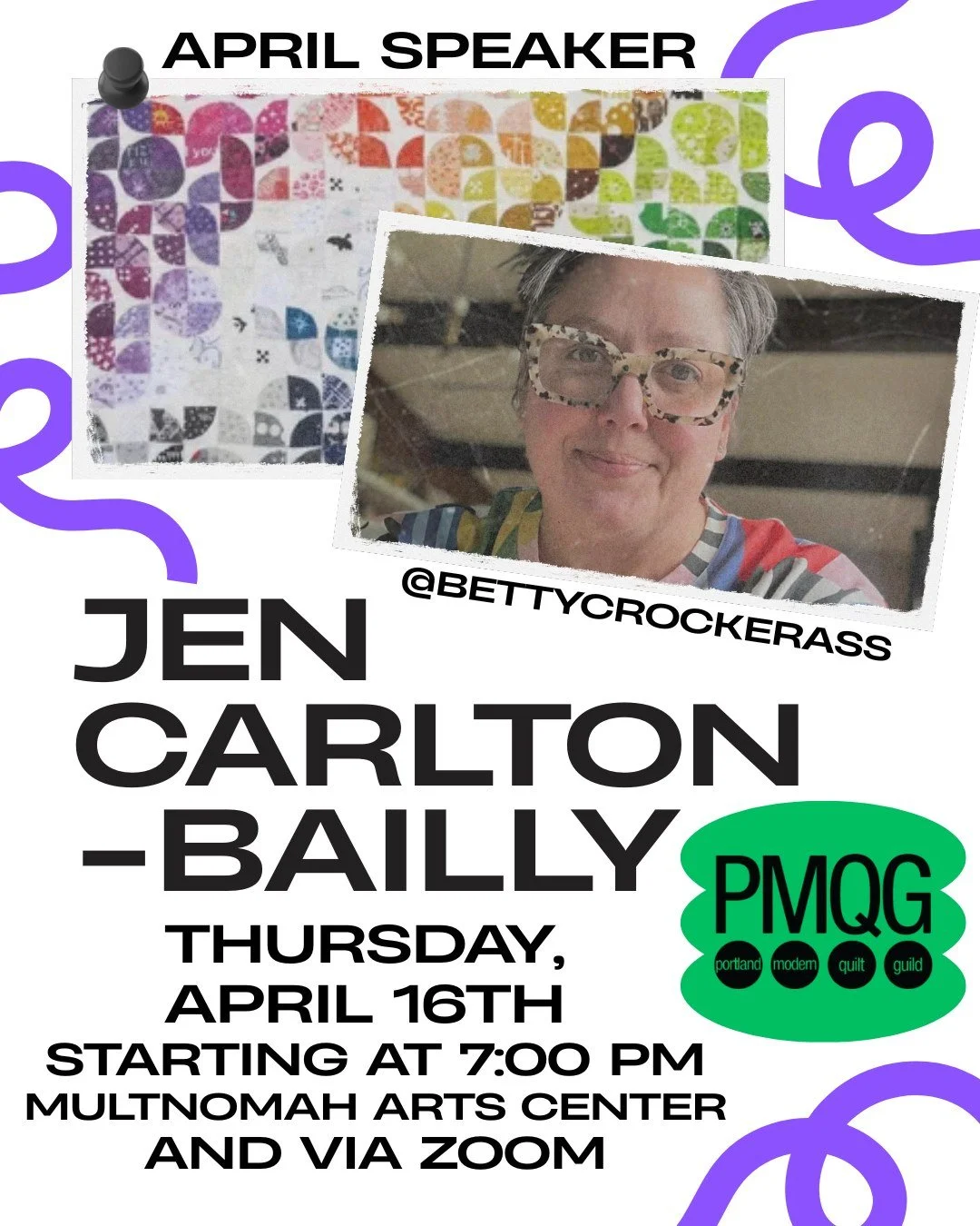 🎤🧵 April PMQG Monthly Meeting: Featuring Jen Carlton-Bailly

📅 Thursday, April 16th
🕖 Starting at 7:00 PM
Both In-Person at the Multnomah Arts Center (MAC) and online via zoom

Join us for an evening with artist, quilt designer, teacher, and foun