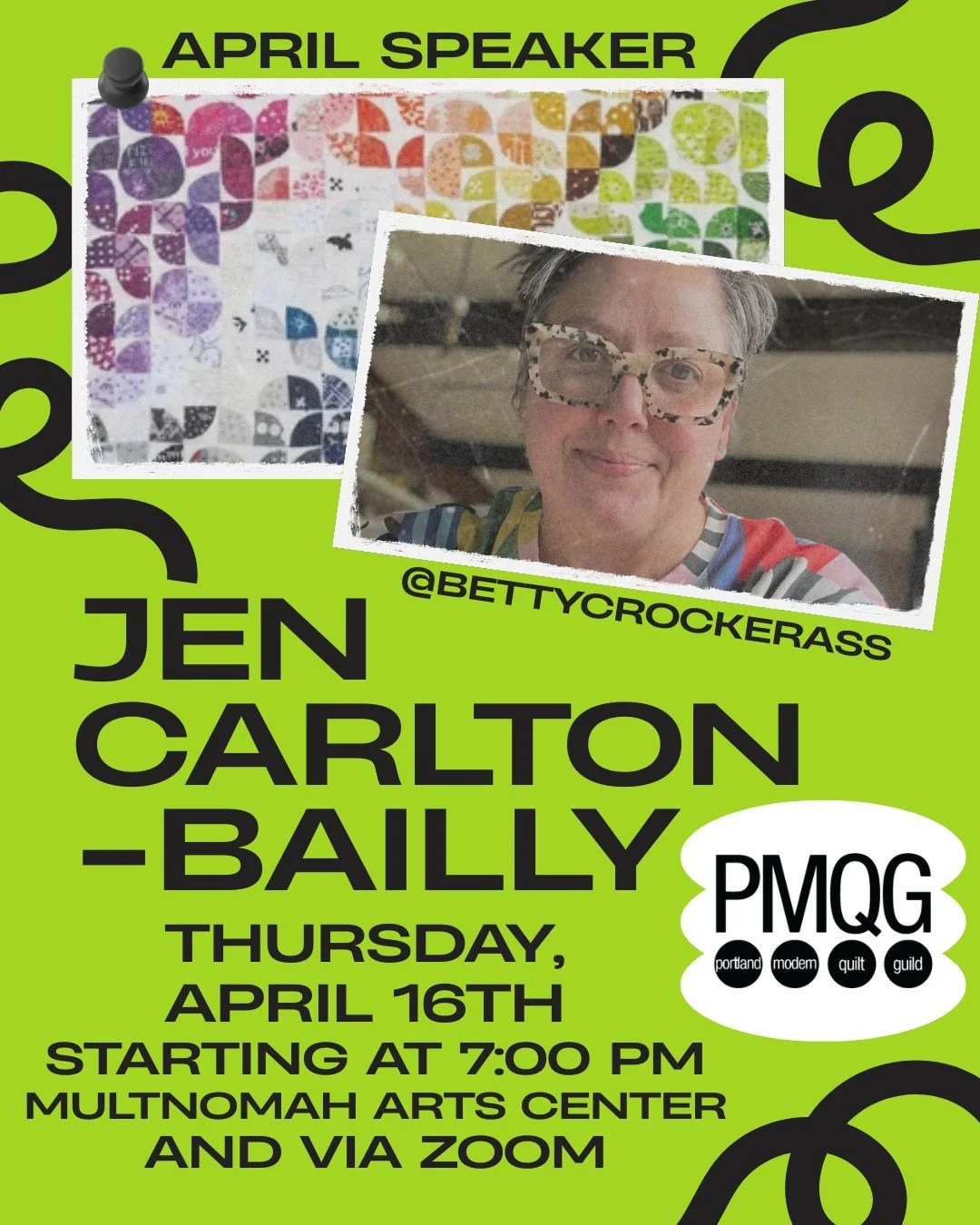 🎤🧵 April PMQG Monthly Meeting: Featuring Jen Carlton-Bailly

📅 Thursday, April 16 - This Thursday!
🕖 Starting at 7:00 PM
📍 In-person at Multnomah Arts Center + online via Zoom

Join us for an inspiring evening with artist, quilt designer, teache