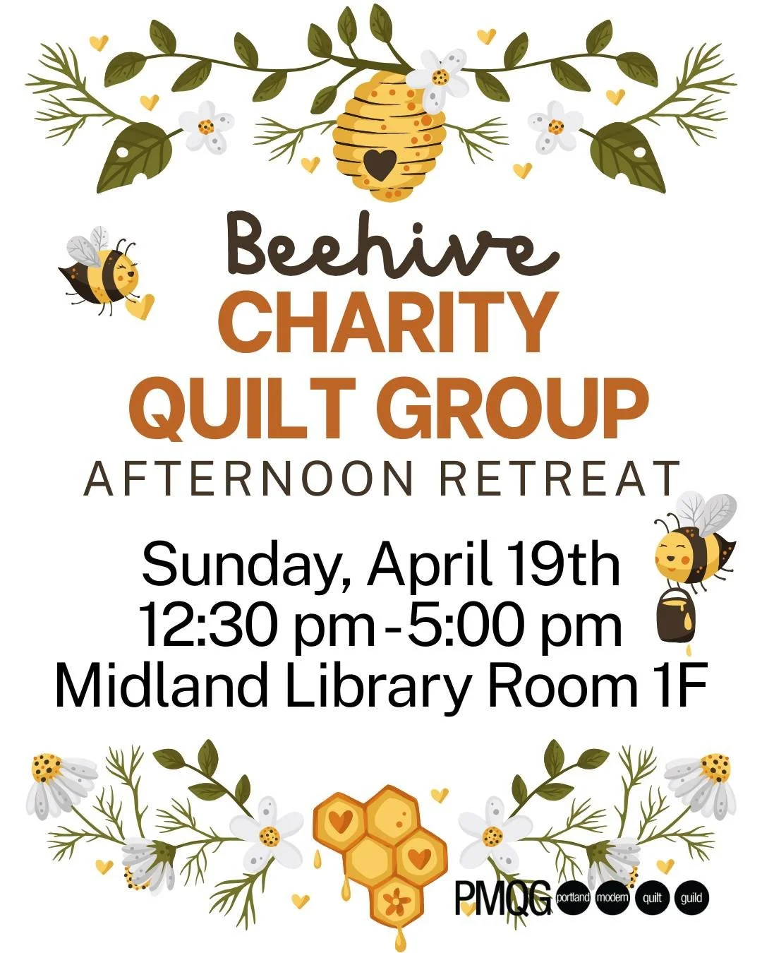 Beehive Charity Quilt Group Afternoon Retreat 🐝

Sunday, April 19th
12:30 pm - 5:00 pm
Midland Library Room 1F

The Beehive Charity Quilt Group will be hosting an afternoon retreat and it&rsquo;s open to all members!

What to bring:

Any outstanding