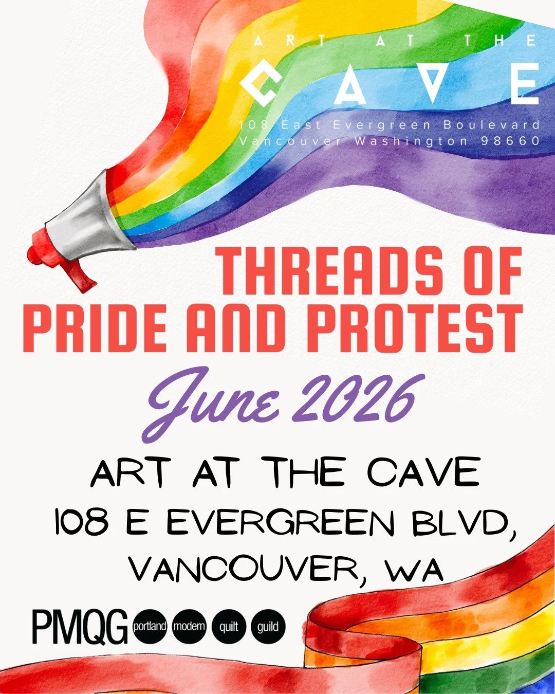 Threads of Pride and Protest
Pride Quilts by the Portland Modern Quilt Guild
Art At The Cave Gallery | June 4th &ndash; 27th, 2026

Threads of Pride and Protest is a burst of color and joy in the grey&mdash;an exhibition of quilts that celebrate Prid