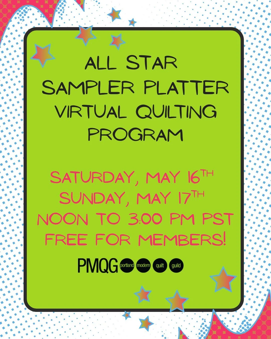 🧵✨ All-Star Sampler Platter Virtual Program

Register yourself or your guild for the All-Star Sampler Platter, a dynamic, affordable live virtual event featuring 18 incredible quilt teachers and 18 inspiring demonstrations&mdash;something for every 