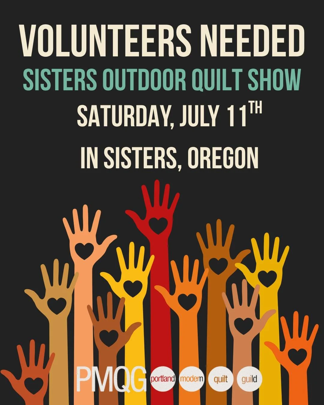 PMQG Volunteer Opportunities at Sisters Quilt Show

As we get closer to show time in Sisters, we&rsquo;re looking for volunteers to help throughout the day on Saturday, July 11th!

Volunteer opportunities include:

&bull; Quilt hanging/set-up (8:00&n