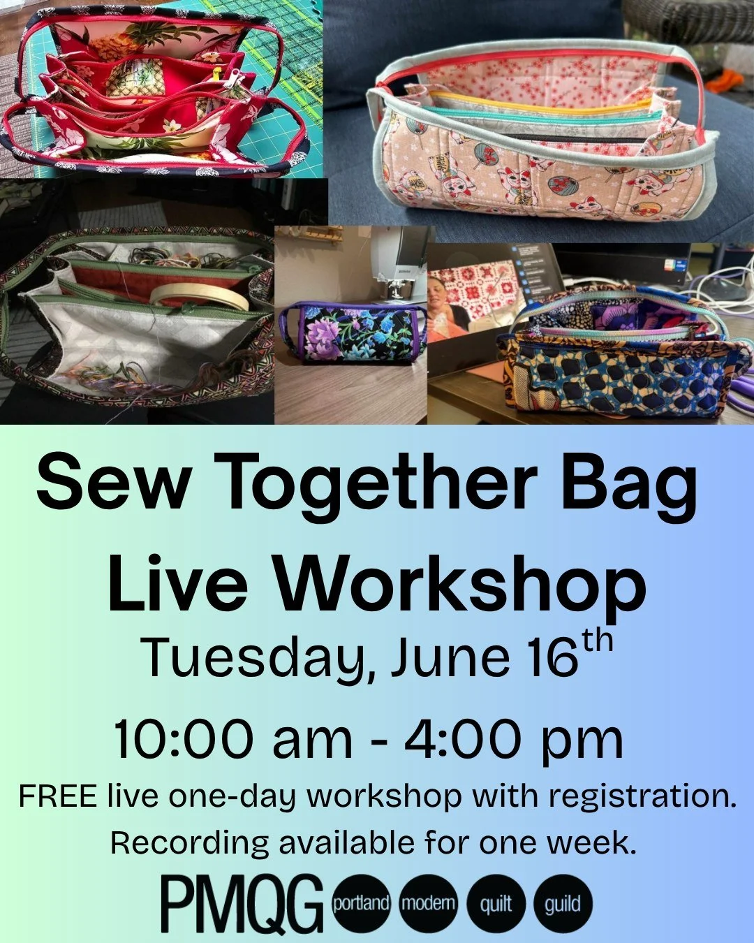 #🎉 Free Sew Together Bag Live Workshop🎉

To celebrate the success of the Virtual Sampler Platter, the Global Quilt Connection is offering a FREE live one-day workshop with Bea Byrne. 

🧵 Sew Together Bag Workshop
🗓 Tuesday, June 16, 2026
⏰ 10:00 