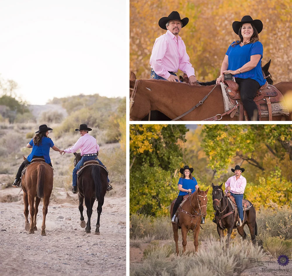 Horse back riding along the Rio Grand river during a fall photoshoot to celebrate their anniversary and capture the memories of a beautiful evening.