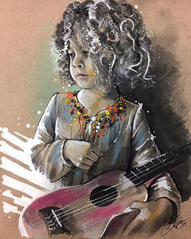 A quick sketch of the curly haired Quinn. Mixed media on toned paper, mostly marker, graphite, and pastel with a little acrylic thrown in.