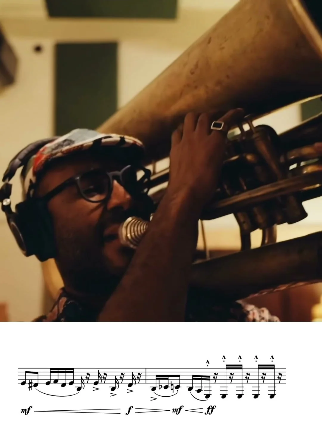 Reginald Chapman playing tuba with Lucky Chops, with an excerpt of the Dancing Babies solo transcription.