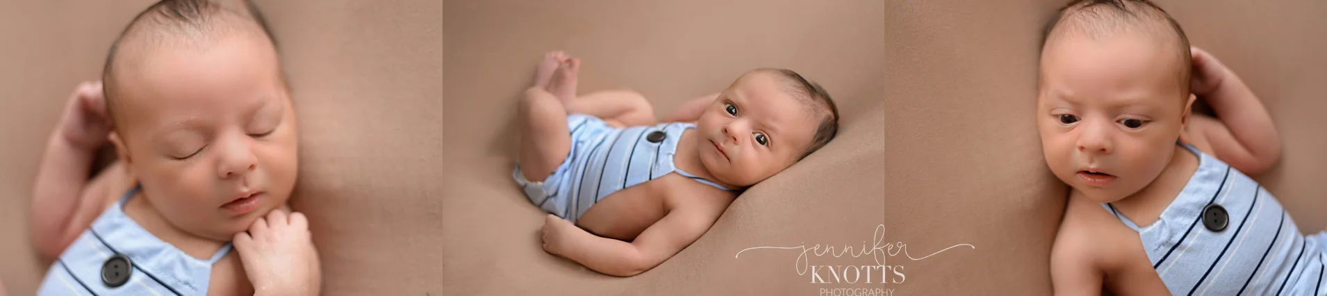 newborn boy wearing blue romper awake during photography session
