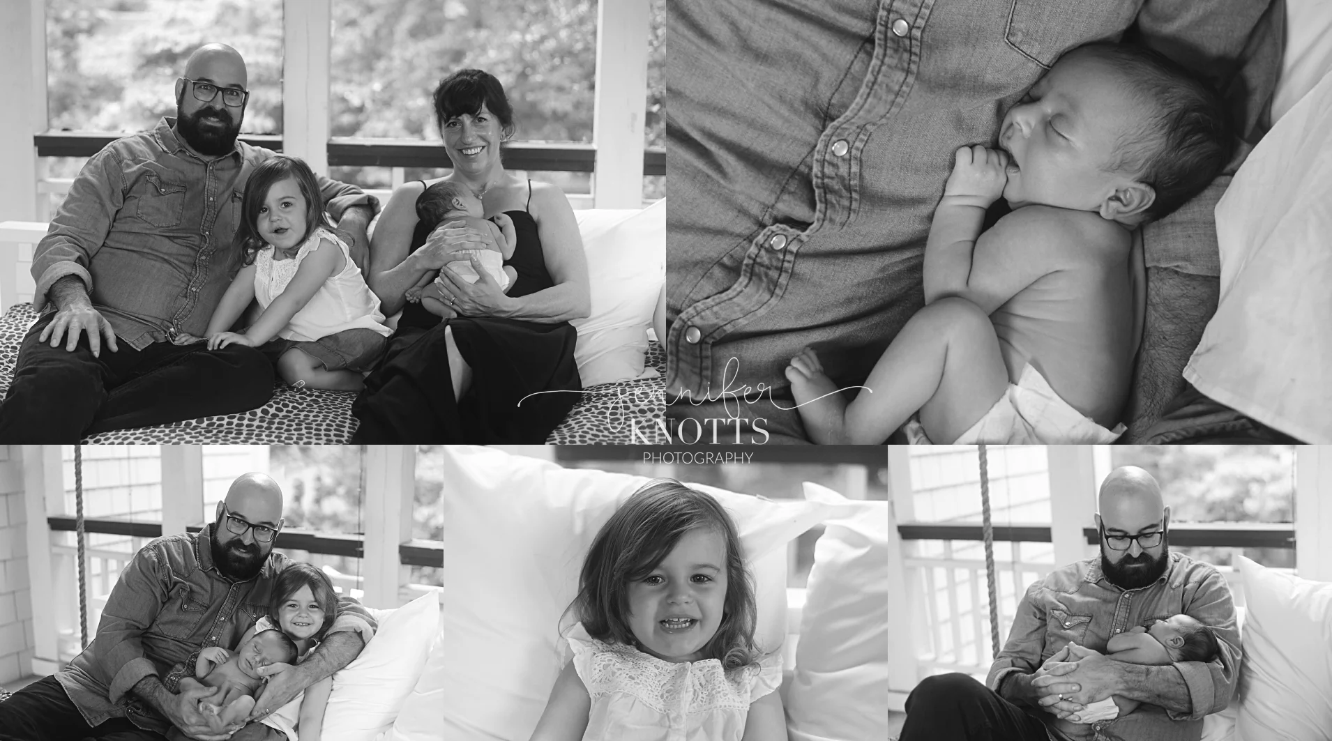 black and white collage of mom, dad, and sister holding baby boy during photography session