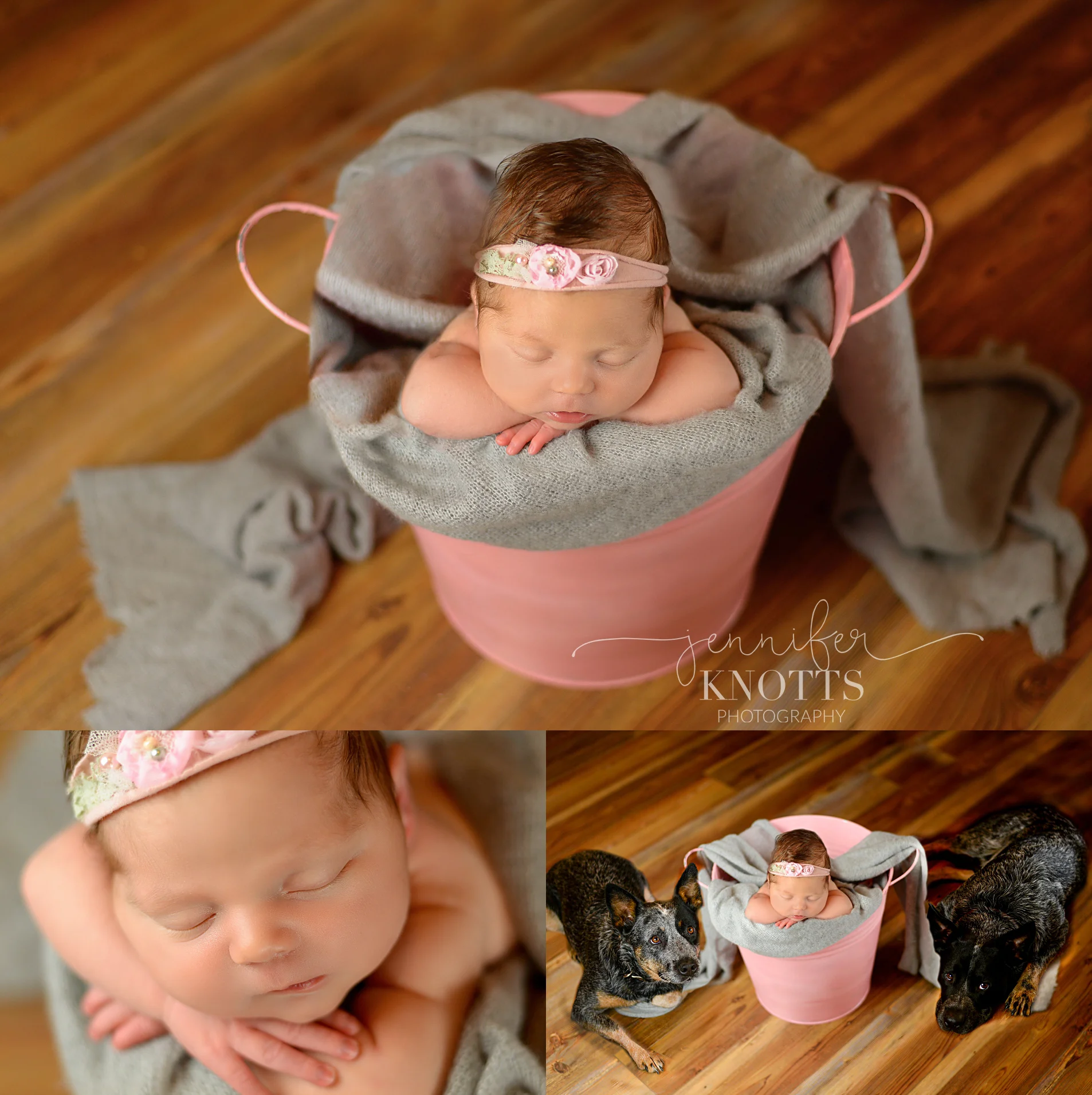 baby girl sleeps in pink bucket