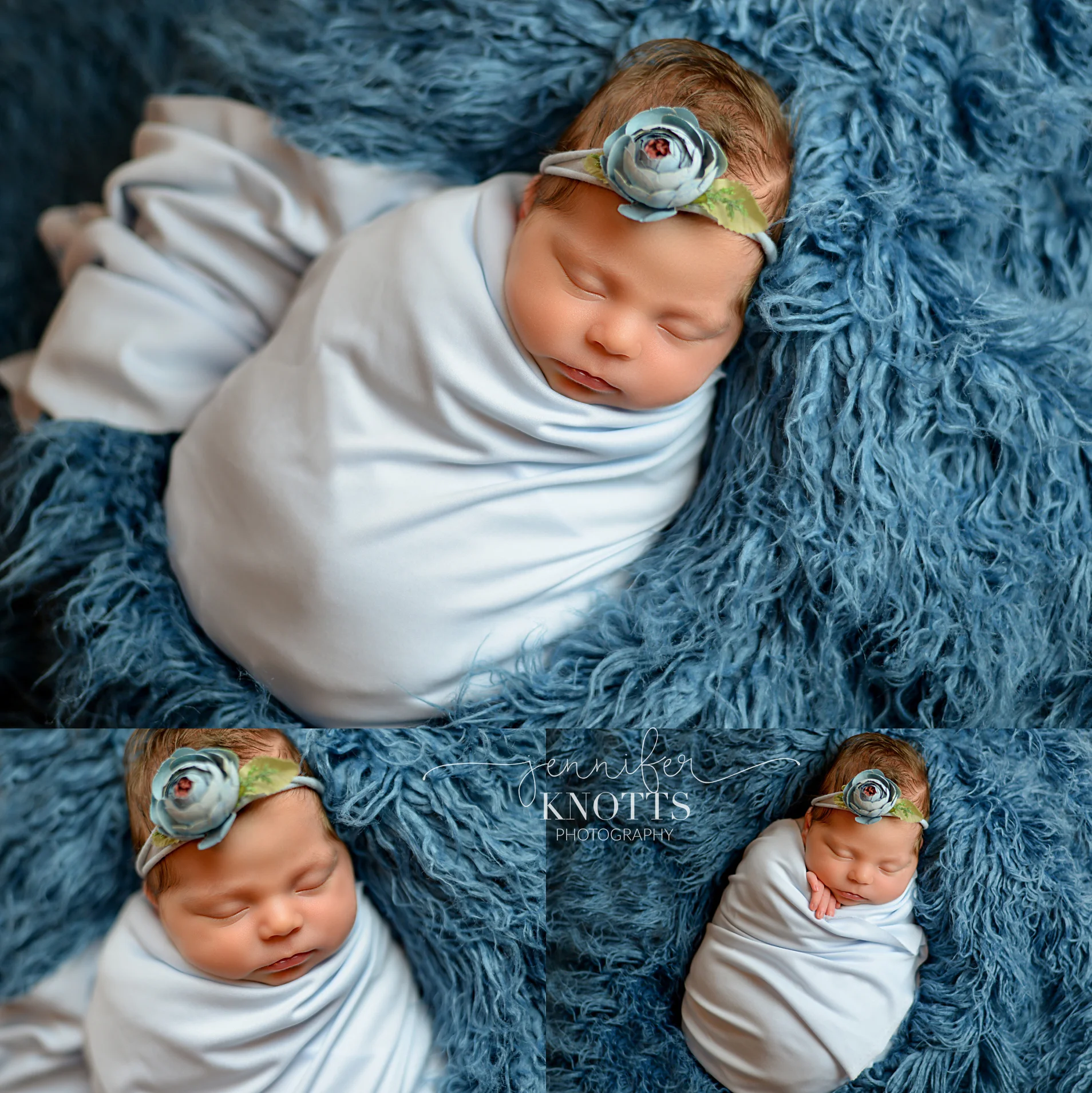 baby girl sleeps in blue fur wearing flower headband during Wilmington newborn session