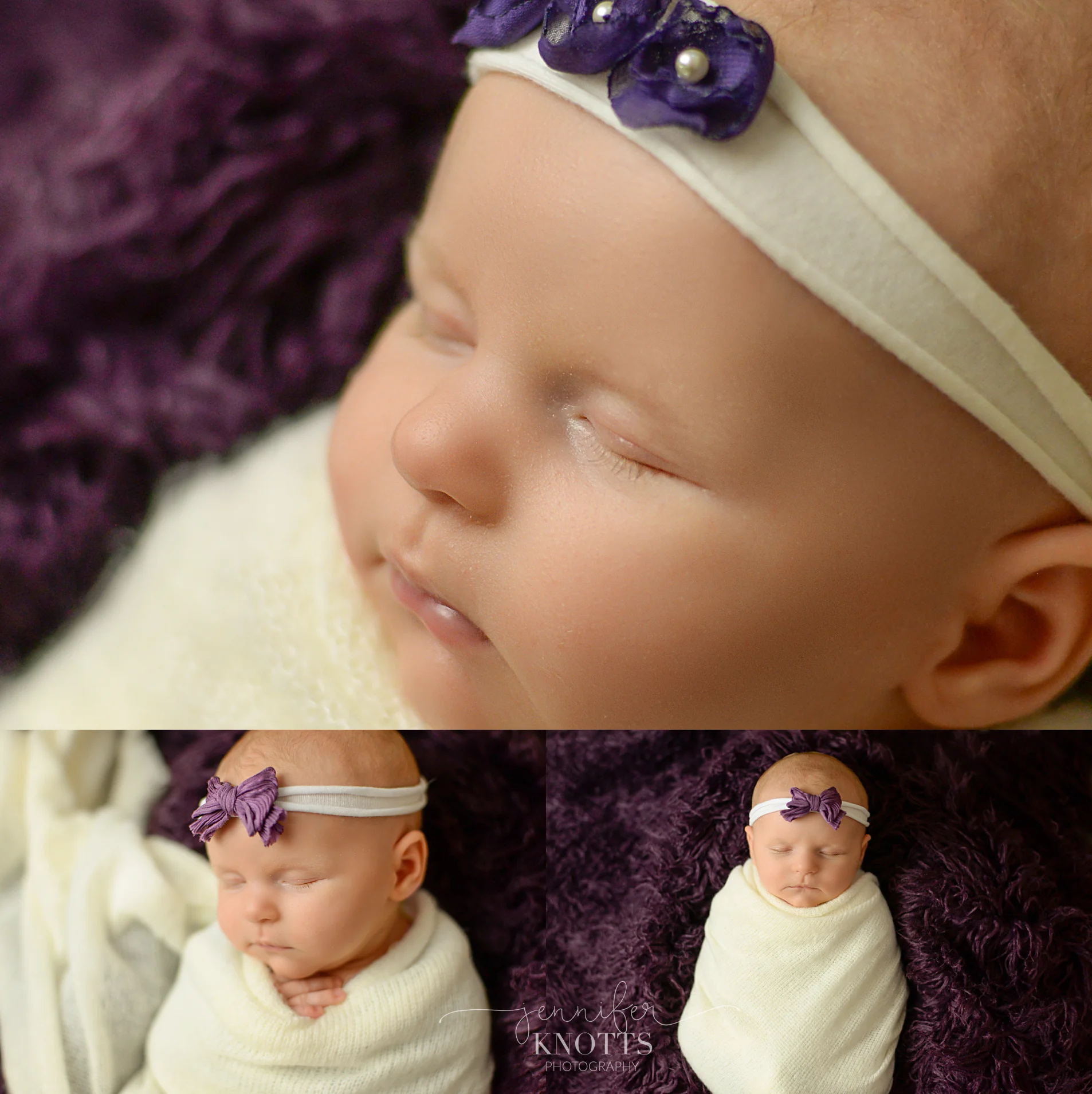 baby girl wrapped in white on purple fur captured by Wilmington newborn photographer