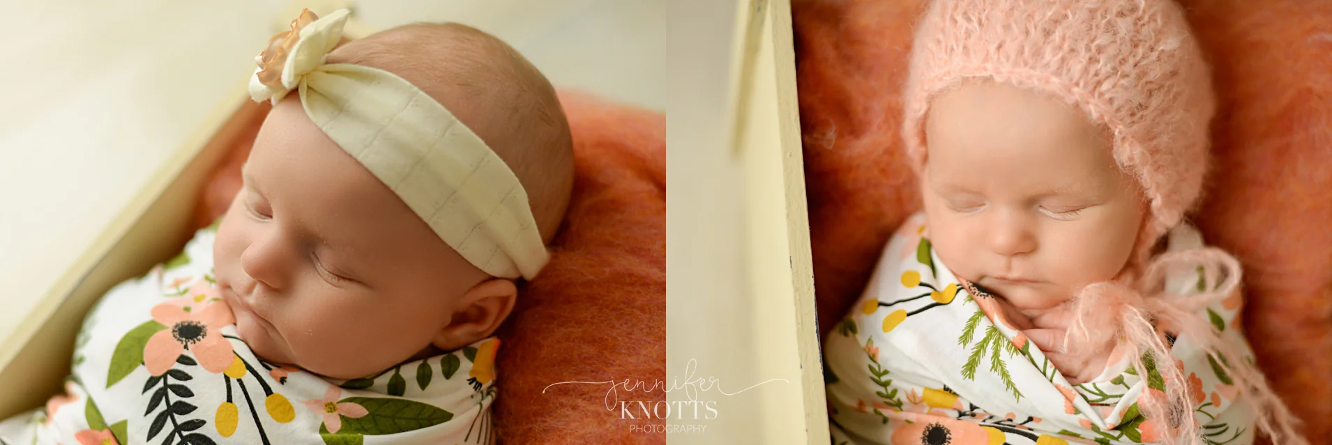baby girl in box wrapped in floral swaddle surrounded by peach fluff